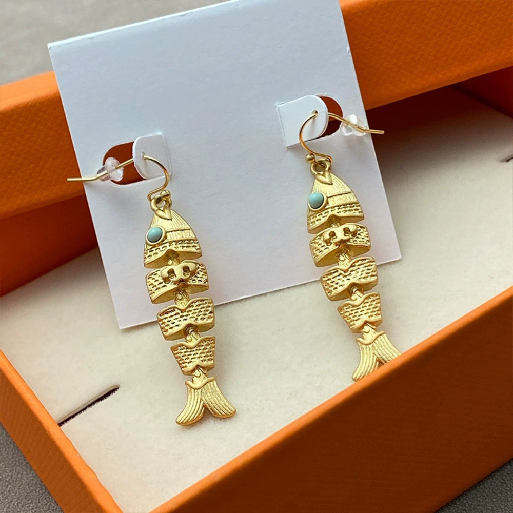 Tory Burch Gold Plated Copper 3D Fishbone Earrings Hollow Out Vintage Retro